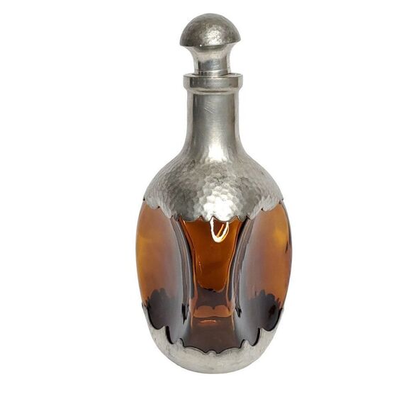 Vtg 70s Hammered Royal Holland Pewter Pinched Amber Glass Triangle Decanter - Picture 2 of 11